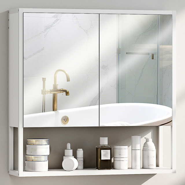 HOMCOM 2 Door White Industrial Mirror Bathroom Cabinet - Size: 60 x 16 x 60cm - Wilko - image 1