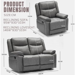 Furniture One 3 Seater Grey Manual Sectional Recliner Couches Sofa Set - Wilko - thumbnail 6