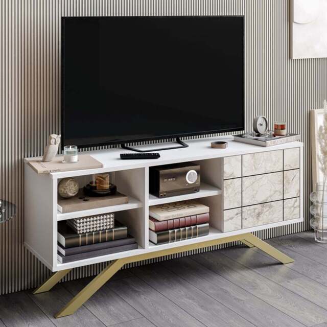 Decorotika North Single Door 4 Shelf White Marble and Gold TV Unit - Size: 58.6 x 130 x 38.6cm - Multi - Wilko - image 1