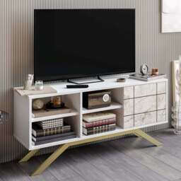 Decorotika North Single Door 4 Shelf White Marble and Gold TV Unit - Size: 58.6 x 130 x 38.6cm - Multi - Wilko - thumbnail 1