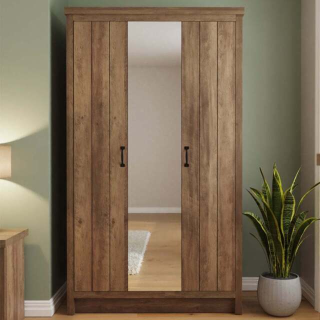 GFW Boston 3 Door Knotty Oak Mirrored Wardrobe - Brown - Wilko - image 1
