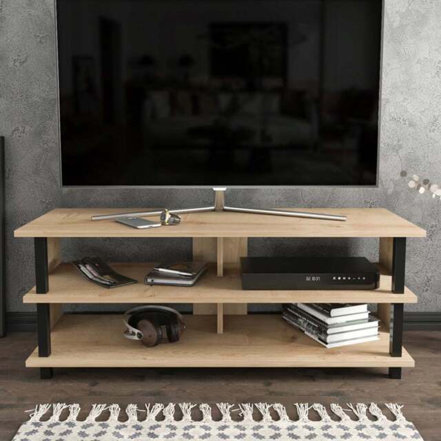 Decorotika Pueblo 4 Open Shelf Black and Oak Wide TV Unit - Size: 47 x 120 x 45cm - Multi - Wilko - image 1