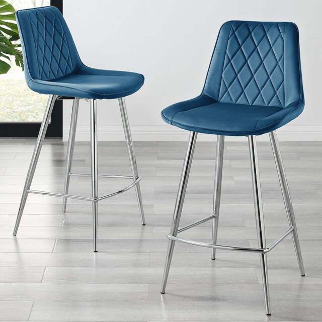 Furniturebox Cesano Navy Velvet Silver Legs Counter Stools Set of 2 - Blue - Wilko - image 1