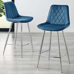 Furniturebox Cesano Navy Velvet Silver Legs Counter Stools Set of 2 - Blue - Wilko - thumbnail 1