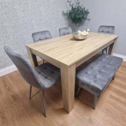 Kosy Koala 6 Seater Dining Set with Bench Oak Effect and Grey Velvet - Multi - Wilko