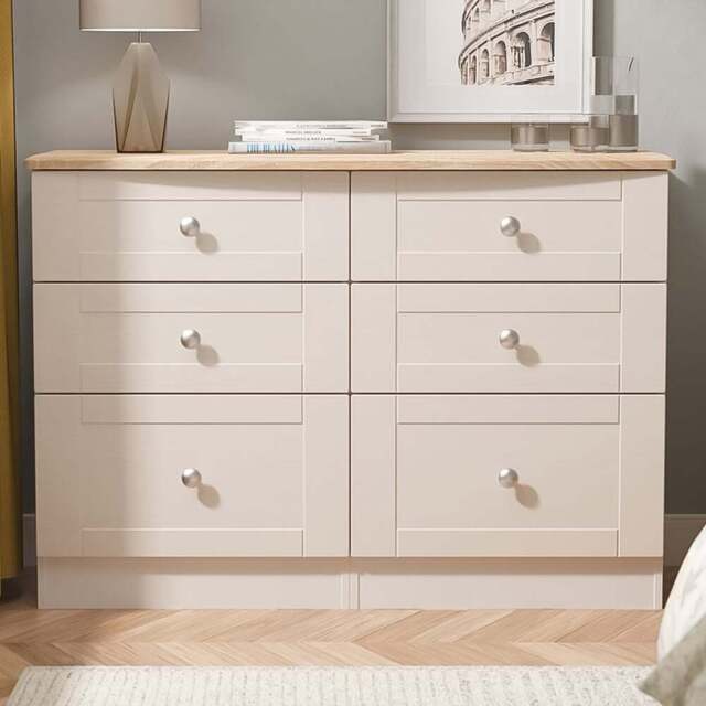 Crowndale Sussex 6 Drawer Kashmir Ash and Bardolino Oak Wide Chest of Drawers Ready Assembled - Kashmir Ash & Bardolino Oak - Wilko - image 1