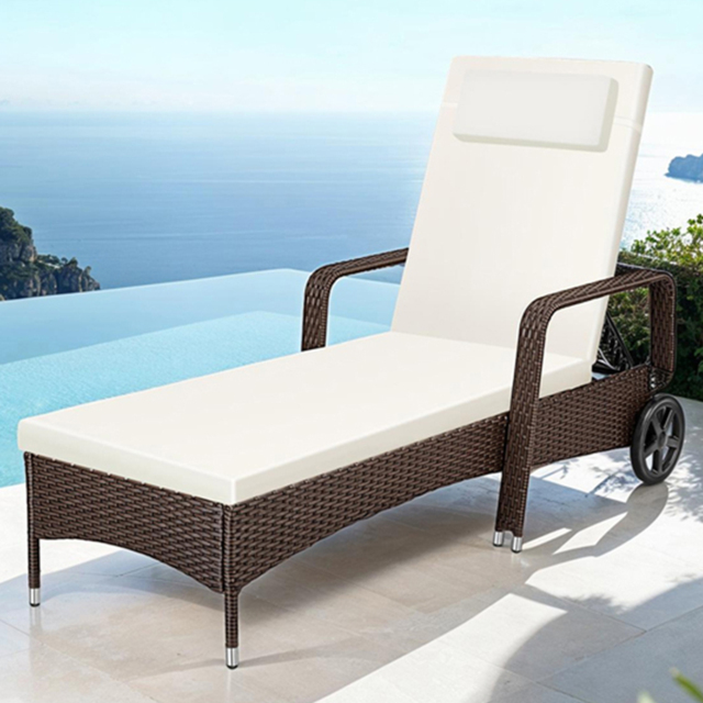 tectake Mixed Brown 6 Level Adjustable Sun Lounger with Soft Pillow and Wheels - Size: 33 x 70 x 200cm - Wilko - image 1
