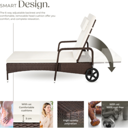tectake Mixed Brown 6 Level Adjustable Sun Lounger with Soft Pillow and Wheels - Size: 33 x 70 x 200cm - Wilko - thumbnail 6