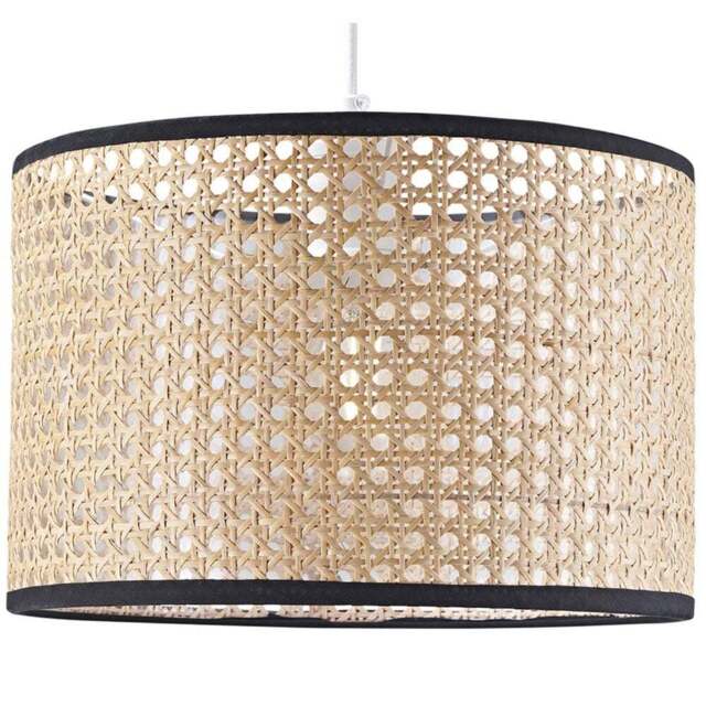 Happy Homewares Natural Wicker Rattan Drum Shaped Pendant Shade with Black Cotton Trims - Size: 20 x 30 x 30cm - Brown - Wilko - image 1
