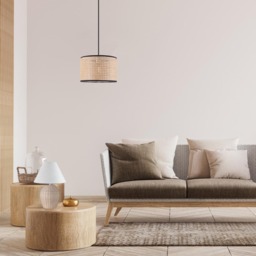 Happy Homewares Natural Wicker Rattan Drum Shaped Pendant Shade with Black Cotton Trims - Size: 20 x 30 x 30cm - Brown - Wilko - thumbnail 3