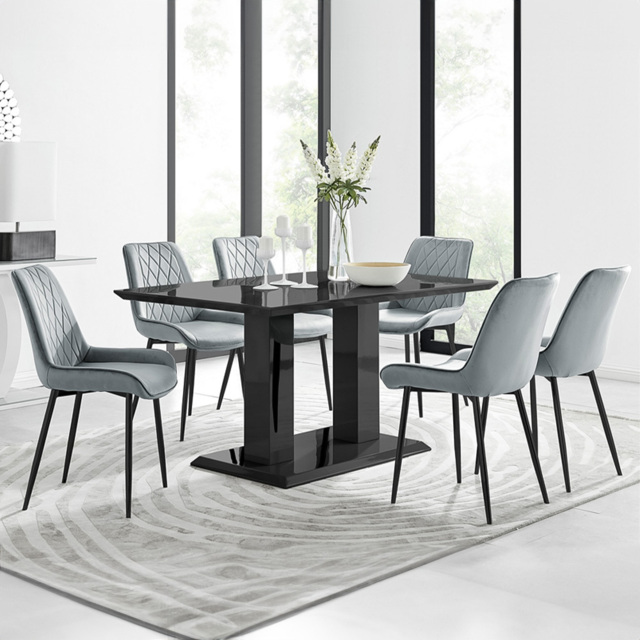 Furniturebox Molini Cesano 6 Seater Dining Set Black Gloss and Grey - Wilko - image 1