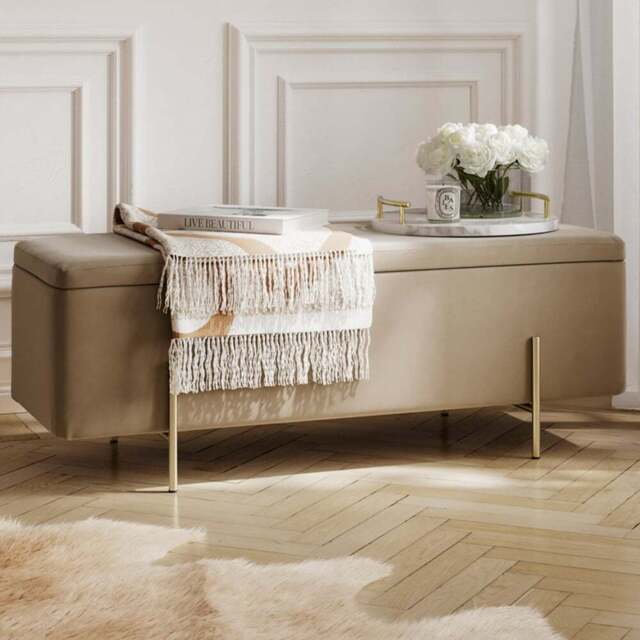 Lola Beige and Brushed Gold Velvet Storage Ottoman - Cream - LPD Home - Wilko - image 1