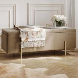 Lola Beige and Brushed Gold Velvet Storage Ottoman - Cream - LPD Home - Wilko