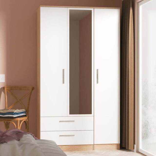 Crowndale Contrast 3 Door 2 Drawer White Matt and Bardolino Oak Mirrored Wardrobe Ready Assembled - White Matt & Bardolino Oak - Wilko - image 1