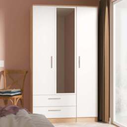 Crowndale Contrast 3 Door 2 Drawer White Matt and Bardolino Oak Mirrored Wardrobe Ready Assembled - White Matt & Bardolino Oak - Wilko