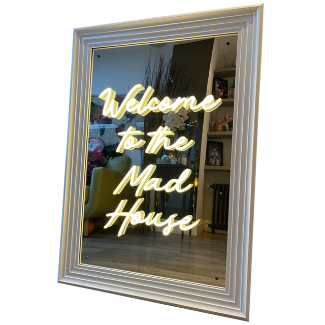 Splashbax Welcome to the Mad House Mirror White Premium Gallery Frame LED Neon Wall Art - Size: 105 x 75 x 7cm - Multi - Wilko - image 1