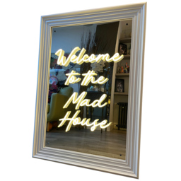 Splashbax Welcome to the Mad House Mirror White Premium Gallery Frame LED Neon Wall Art - Size: 105 x 75 x 7cm - Multi - Wilko
