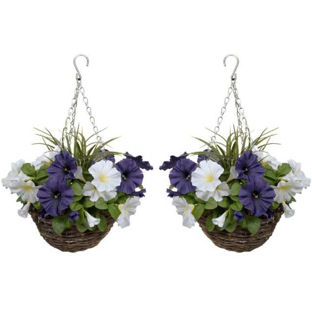 GreenBrokers Artificial Dark Purple and White Petunias Round Rattan Hanging Plant Baskets 2 Pack - Size: 25 x 34 x 52cm - Wilko - image 1