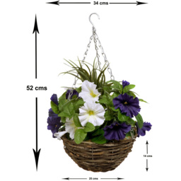 GreenBrokers Artificial Dark Purple and White Petunias Round Rattan Hanging Plant Baskets 2 Pack - Size: 25 x 34 x 52cm - Wilko - thumbnail 4