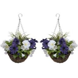 GreenBrokers Artificial Dark Purple and White Petunias Round Rattan Hanging Plant Baskets 2 Pack - Size: 25 x 34 x 52cm - Wilko