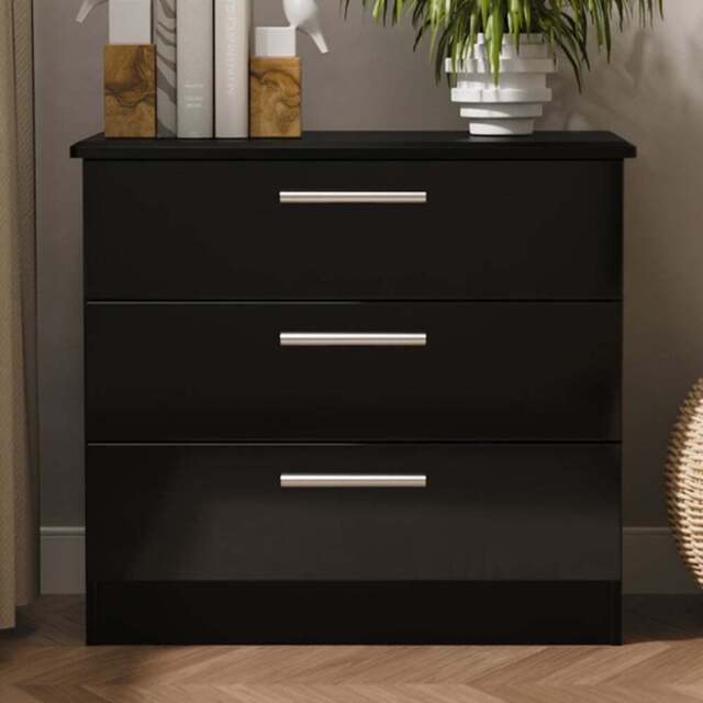 Crowndale Knightsbridge 3 Drawer Black Gloss and Black Chest of Drawers Ready Assembled - Black Gloss & Black - Wilko - image 1