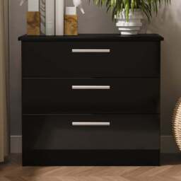Crowndale Knightsbridge 3 Drawer Black Gloss and Black Chest of Drawers Ready Assembled - Black Gloss & Black - Wilko