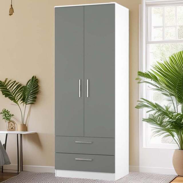 Crowndale Contrast 2 Door 2 Drawer Dusk Grey and White Tall Wardrobe Ready Assembled - Dusk Grey & White - Wilko - image 1