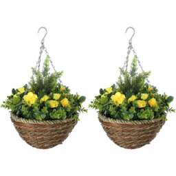 Portland Artificial Yellow Lisianthus Flower Hanging Planter 2 Pack - Size: 34 x 25 x 25cm - Wilko - thumbnail 1