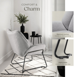 tectake Kjeld Light Grey Boucle Fabric Armchair - Size: Single - Wilko - thumbnail 5