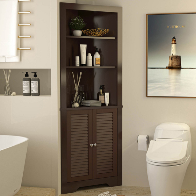 Costway 2 Door 3 Shelf Coffee Bathroom Corner Cabinet - Size: 108 x 52 x 17cm - Brown - Wilko - image 1