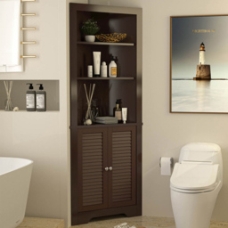 Costway 2 Door 3 Shelf Coffee Bathroom Corner Cabinet - Size: 108 x 52 x 17cm - Brown - Wilko