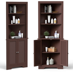 Costway 2 Door 3 Shelf Coffee Bathroom Corner Cabinet - Size: 108 x 52 x 17cm - Brown - Wilko - thumbnail 4