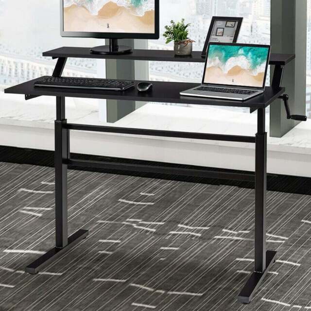 Costway Black 2 Tier Height Adjustable Standing Desk with Crank Handle - Size: 132.1 x 76.2 x 10.16cm - Wilko
