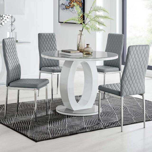 Furniturebox Lucia Valera 4 Seater Round Dining Set Grey Gloss and Chrome - Wilko - image 1