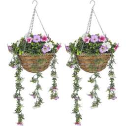Portland Azalea Flower Artificial Plants in Hanging Basket 2 Pack - Size: 26 x 30 x 30cm - White - Wilko