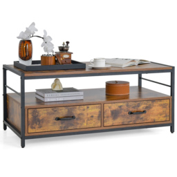 Costway 2 Drawer Single Shelf Rustic Brown Coffee Table - Size: 115 x 59 x 14cm - Wilko - thumbnail 3
