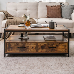 Costway 2 Drawer Single Shelf Rustic Brown Coffee Table - Size: 115 x 59 x 14cm - Wilko - thumbnail 1