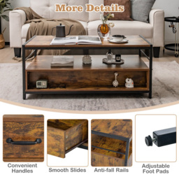 Costway 2 Drawer Single Shelf Rustic Brown Coffee Table - Size: 115 x 59 x 14cm - Wilko - thumbnail 7