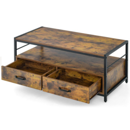 Costway 2 Drawer Single Shelf Rustic Brown Coffee Table - Size: 115 x 59 x 14cm - Wilko - thumbnail 4