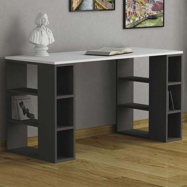 Decortie Colmar 6 Shelf Modern Desk with Bookcase White and Anthracite - Size: 75 x 140 x 60cm - Multi - Wilko - image 1