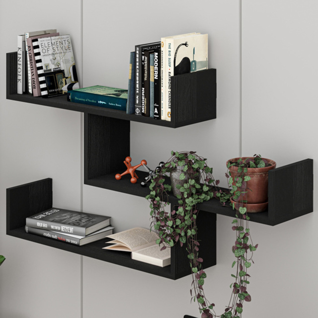 Decortie Tibet 3 Shelf Black Wood Zigzag Wall Mounted Bookcase - Grey - Wilko - image 1