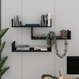 Decortie Tibet 3 Shelf Black Wood Zigzag Wall Mounted Bookcase - Grey - Wilko - thumbnail 4