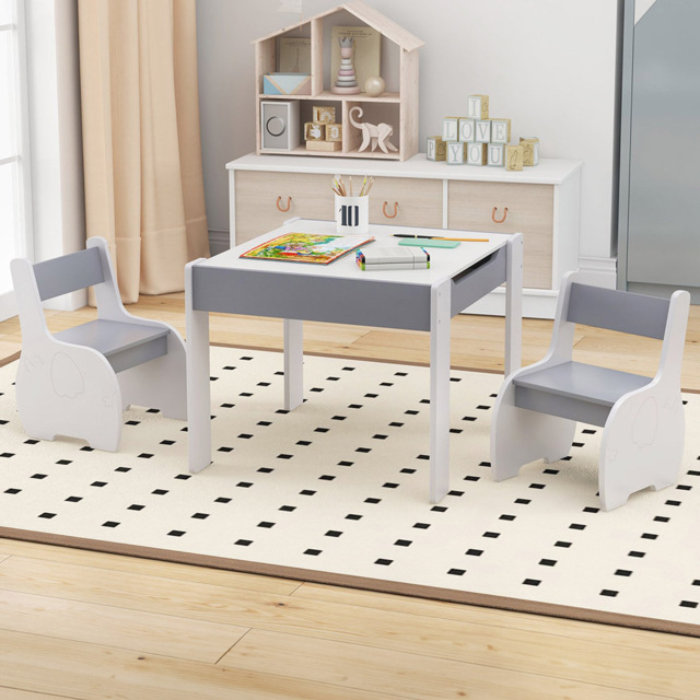 Costway Kids Grey and White Table and Chair Set with Hidden Storage - Size: 73 x 43 x 16cm - Multi - Wilko - image 1