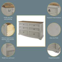 Corona 6 Drawer Grey Washed Wax Finish Wide Chest of Drawers - Wilko - thumbnail 7