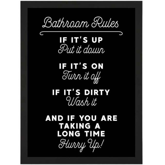 Artery8 Funny Bathroom Toilet Rules Sign Framed Wall Art Print 21 x 29.7cm - Size: 32.3 x 23.4 x 1.5cm - Black - Wilko - image 1