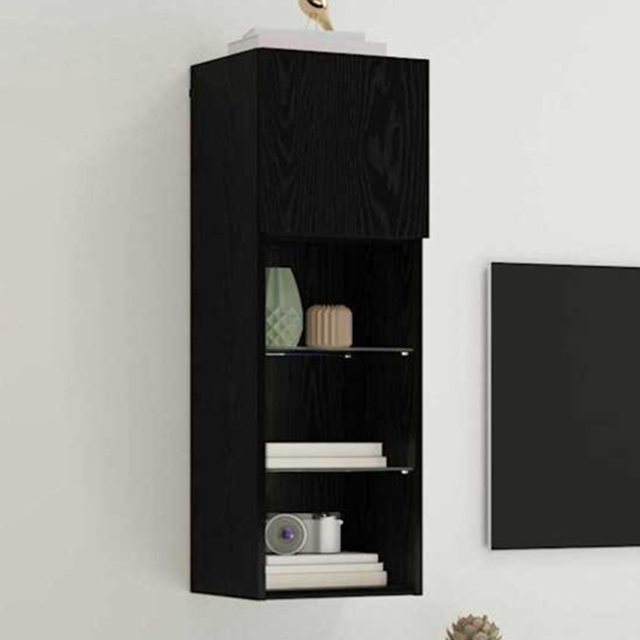 vidaXL Single Door 3 Shelf Black Oak Wall Mounted LED TV Unit - Size: 90 x 40.5 x 30cm - Wilko - image 1
