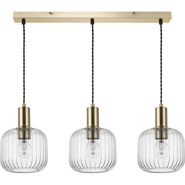 Cosylyte Clayton Brushed Brass Ribbed Glass 3 Light Bar Pendant Light - Size: 64 x 26 x 21cm - Gold - Wilko - image 1