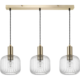 Cosylyte Clayton Brushed Brass Ribbed Glass 3 Light Bar Pendant Light - Size: 64 x 26 x 21cm - Gold - Wilko