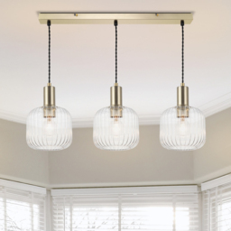 Cosylyte Clayton Brushed Brass Ribbed Glass 3 Light Bar Pendant Light - Size: 64 x 26 x 21cm - Gold - Wilko - thumbnail 3