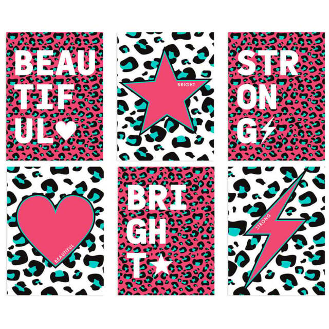 Wee Blue Coo Pink and Turquoise Leopard Pattern Bold Shapes Wall Art Print 30 x 41cm 6 Pack - Size: 40.5 x 30.5 x 0.3cm - Multi - Wilko - image 1